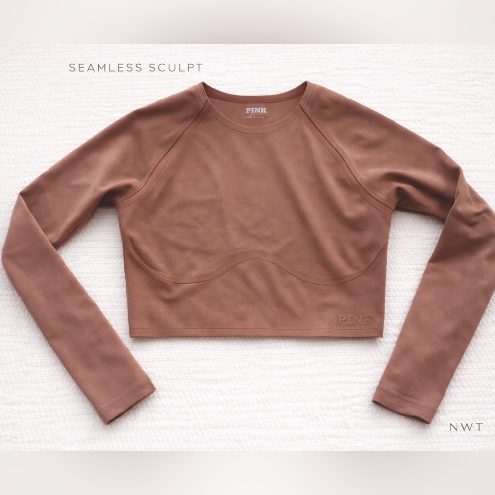 PINK Seamless Sculpt Crop Top Brown Long Sleeve Gym Yoga S NWT